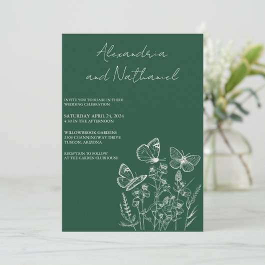 Moderne Donkergroene & Witte Vlinder Bruiloft Kaart (Staand voorkant)