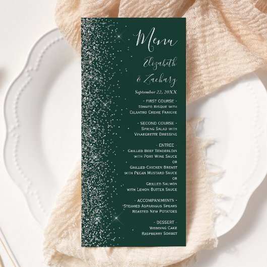 Moderne donkergroene zilveren glinster rand bruilo menu