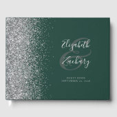Moderne donkergroene zilveren glitterscript gastenboek (Voorkant)