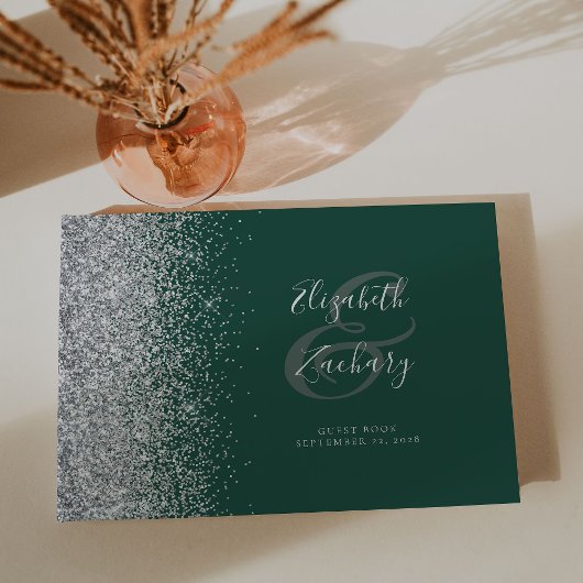 Moderne donkergroene zilveren glitterscript gastenboek