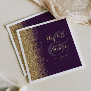 Moderne donkerpaarse gouden glittershuwelijk servet