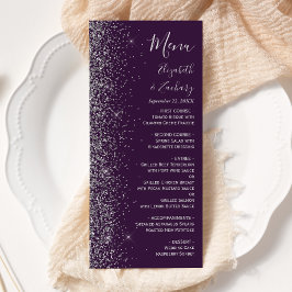 Moderne Donkerpaarse Zilveren Glitter Rand Trouw Menu