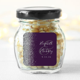 Moderne Donkerpaarse Zilveren Glitter Rand Trouw Vierkante Sticker