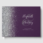 Moderne donkerpaarse zilveren glitterscript gastenboek (Voorkant)