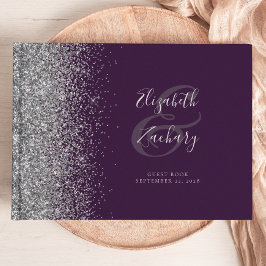 Moderne donkerpaarse zilveren glitterscript gastenboek