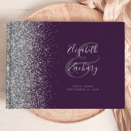 Moderne donkerpaarse zilveren glitterscript gastenboek