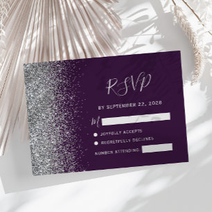 Moderne donkerpaarse zilveren nepschitterrand RSVP kaartje