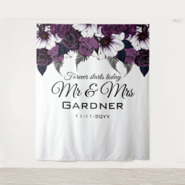 Moderne donkerpruim en witte bloemige huwelijks wa wandkleed