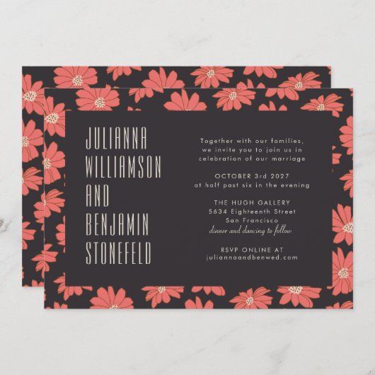 Moderne Donkerrode Bloemen Retro Typografie Huweli Kaart (Voorkant / Achterkant)