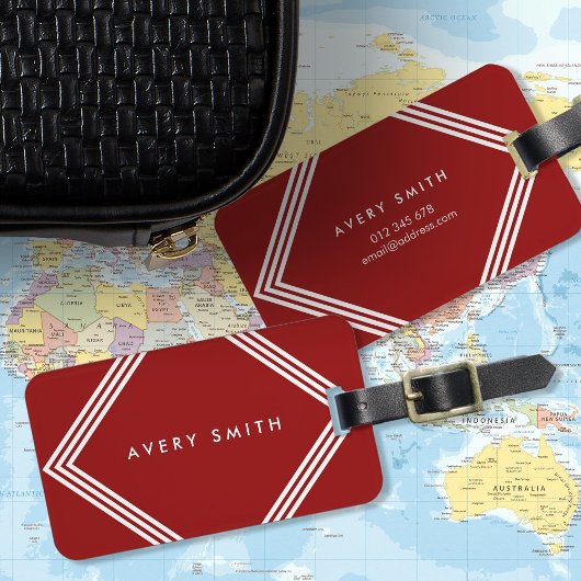Moderne donkerrode en geometrische witte randen bagagelabel