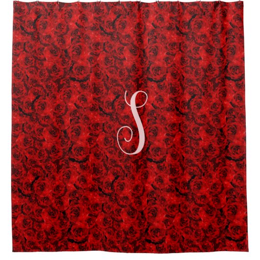 Moderne Donkerrode Rozen Esthetische Custom Monogr Douchegordijn (Voorkant)