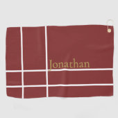 Moderne donkerrood en goud minimalistische aangepa golfhanddoek (Horizontaal)