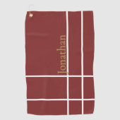 Moderne donkerrood en goud minimalistische aangepa golfhanddoek (Voorkant)