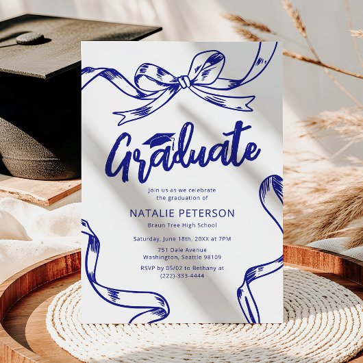 Moderne Doodle Blauwe Strik Afstudeerfeest Kaart