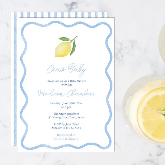 Moderne Doodle Blue Border Lemon Baby Boy Shower Kaart