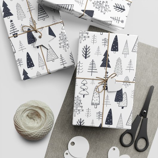 Moderne Doodle Christmas Wild Forest Pine Trees Cadeaupapier