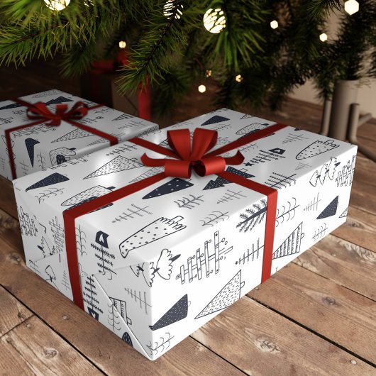 Moderne Doodle Christmas Wild Forest Pine Trees Cadeaupapier