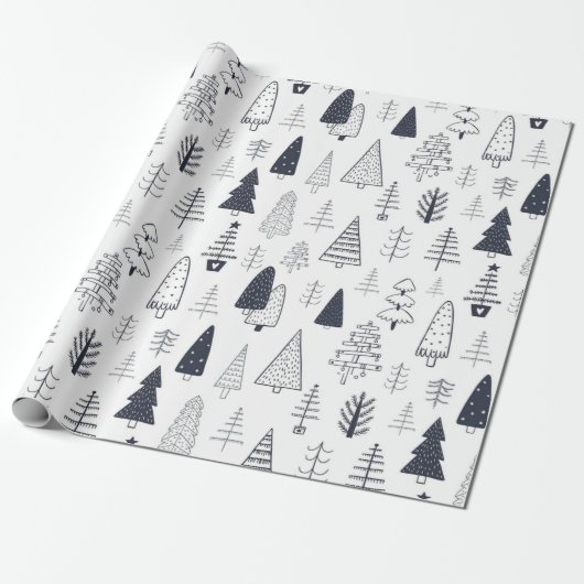 Moderne Doodle Christmas Wild Forest Pine Trees Cadeaupapier (Uitgerold)