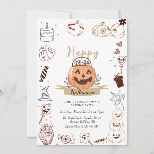 Moderne Doodle Pumpkin Carving Party Uitnodiging (Voorkant)