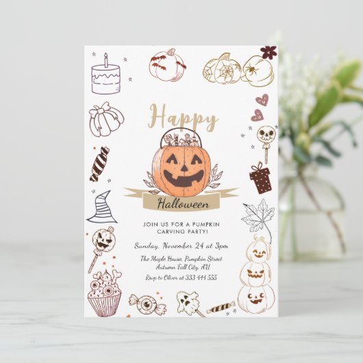 Moderne Doodle Pumpkin Carving Party Uitnodiging (Staand voorkant)
