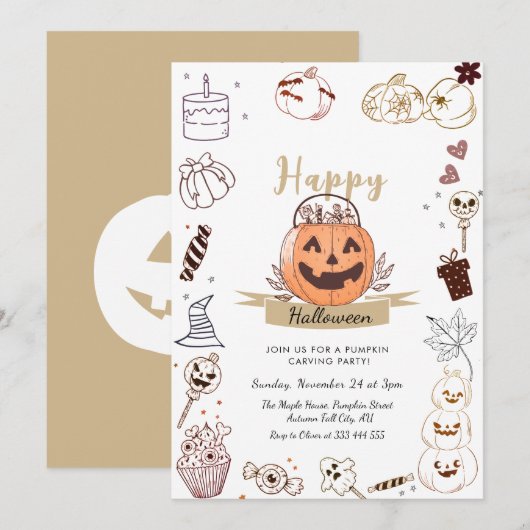 Moderne Doodle Pumpkin Carving Party Uitnodiging (Voorkant / Achterkant)