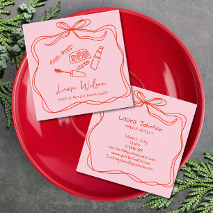 Moderne Doodle Whimsical Make-up Artist Rood Roze Vierkante Visitekaartje