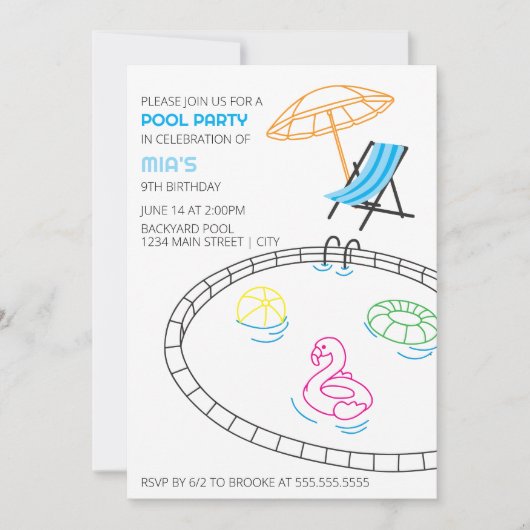 Moderne Doodles Pool Party Verjaardag Uitnodiging (Voorkant)