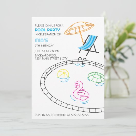 Moderne Doodles Pool Party Verjaardag Uitnodiging (Staand voorkant)