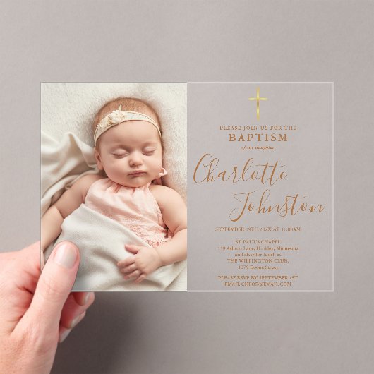 Moderne Doop Christening Gouden Schrift Foto Acryl Uitnodigingen (Insitu (Draagbaar))