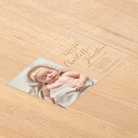 Moderne Doop Christening Gouden Schrift Foto Acryl Uitnodigingen (Laagn)