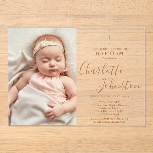 Moderne Doop Christening Gouden Schrift Foto Acryl Uitnodigingen (Voorkant)