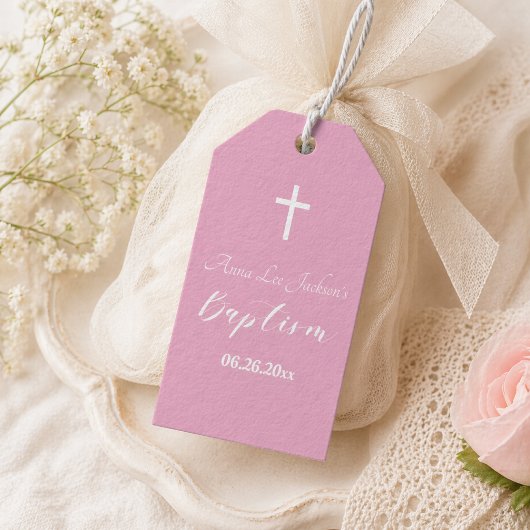 Moderne Doop Christening Witte Kruis Stof Roze Cadeaulabel