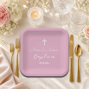 Moderne Doop Christening Witte Kruis Stof Roze Papieren Bordje