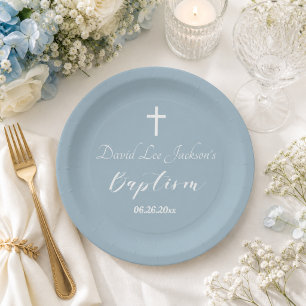 Moderne Doop Christening Witte Kruis Stofblauw  Papieren Bordje