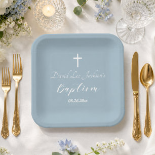 Moderne Doop Christening Witte Kruis Stofblauw Papieren Bordje