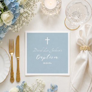 Moderne Doop Christening Witte Kruis Stofblauw  Servet