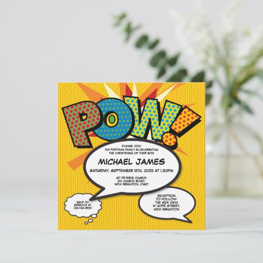 Moderne doop doop doopsel leuke stripboek foto kaart (Staand voorkant)