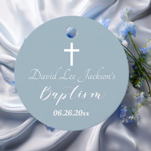 Moderne doop doopsel Witte Kruis Dusty Blauw Bedankjes Labels