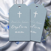 Moderne doop doopsel Witte Kruis Dusty Blauw Cadeaulabel