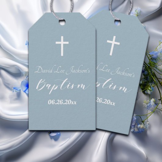 Moderne doop doopsel Witte Kruis Dusty Blauw Cadeaulabel