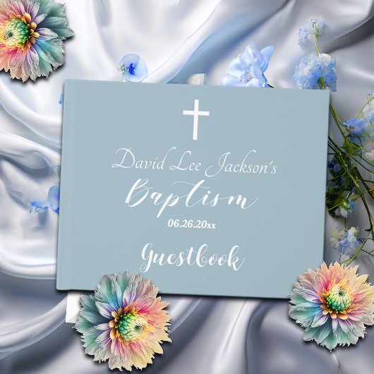 Moderne doop doopsel Witte Kruis Dusty Blauw Gastenboek