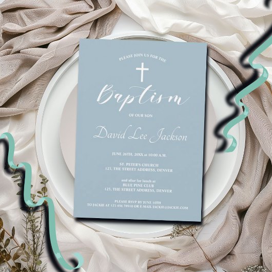 Moderne doop doopsel Witte Kruis Dusty Blauw Kaart