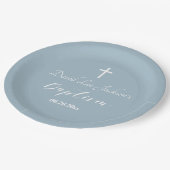 Moderne doop doopsel Witte Kruis Dusty Blauw Papieren Bordje (Gekanteld)