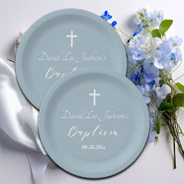 Moderne doop doopsel Witte Kruis Dusty Blauw Papieren Bordje