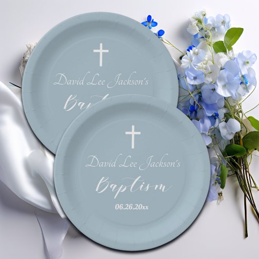 Moderne doop doopsel Witte Kruis Dusty Blauw Papieren Bordje