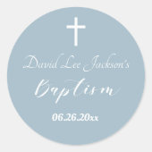 Moderne doop doopsel Witte Kruis Dusty Blauw Ronde Sticker (Voorkant)