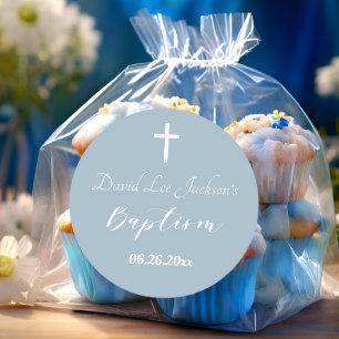 Moderne doop doopsel Witte Kruis Dusty Blauw Ronde Sticker