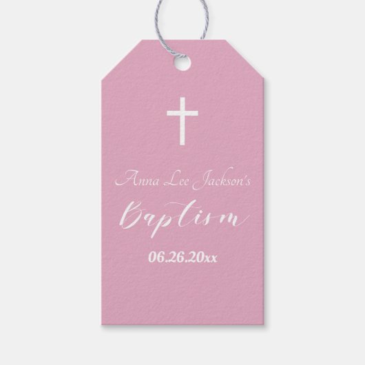 Moderne doop doopsel Witte Kruis Dusty Roze Cadeaulabel (Voorkant)