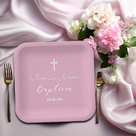 Moderne doop doopsel Witte Kruis Dusty Roze Papieren Bordje