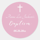 Moderne doop doopsel Witte Kruis Dusty Roze Ronde Sticker (Voorkant)